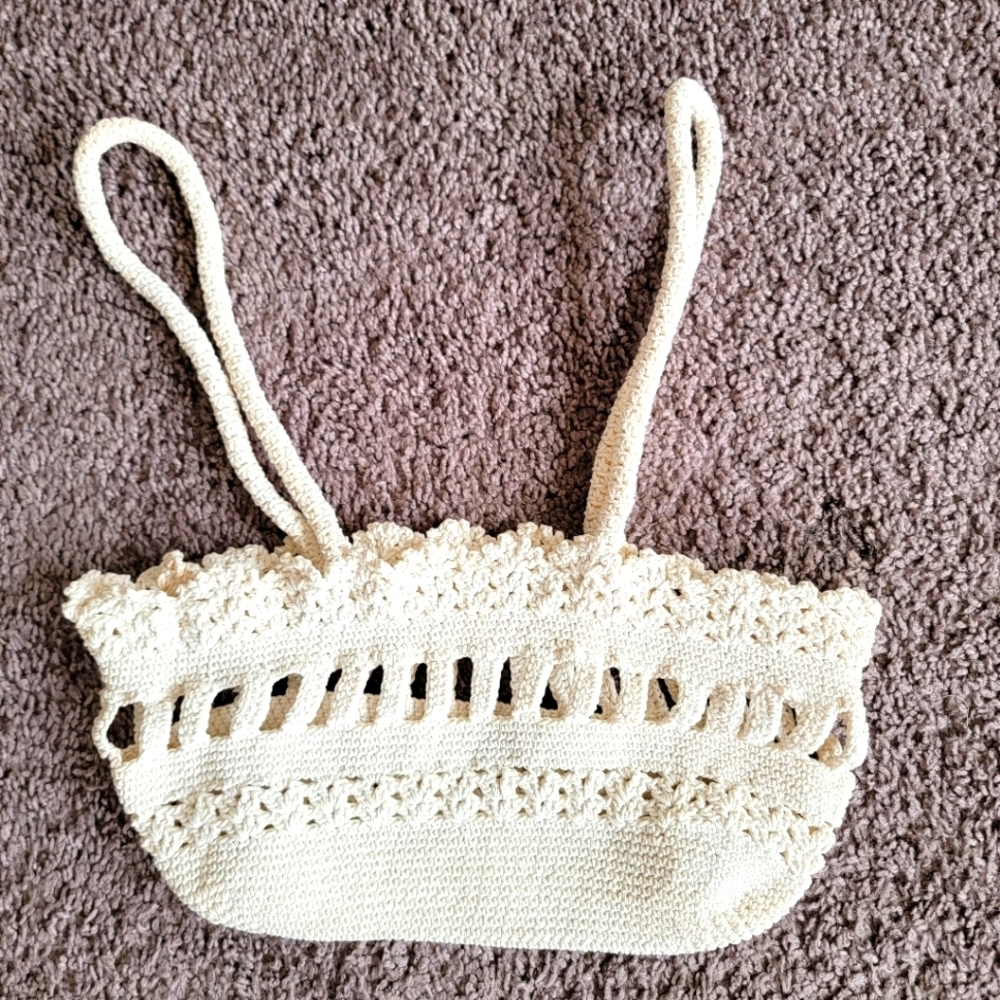 Vintage Cream Crochet Dish Carry Tote Picnic Bread Cookies